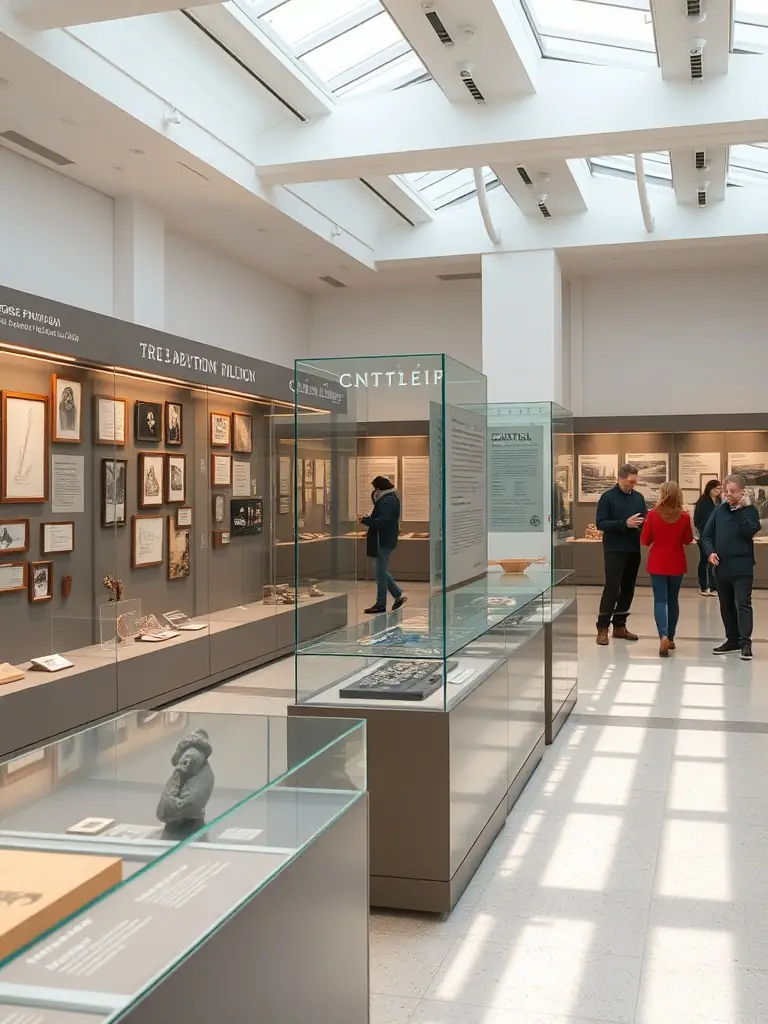 A photograph of a cultural heritage exhibition organized by ASSOCIATION CANTALIENNE GEORGE POMPIDOU, featuring historical artifacts and informative displays about the Cantal region and George Pompidou's legacy.