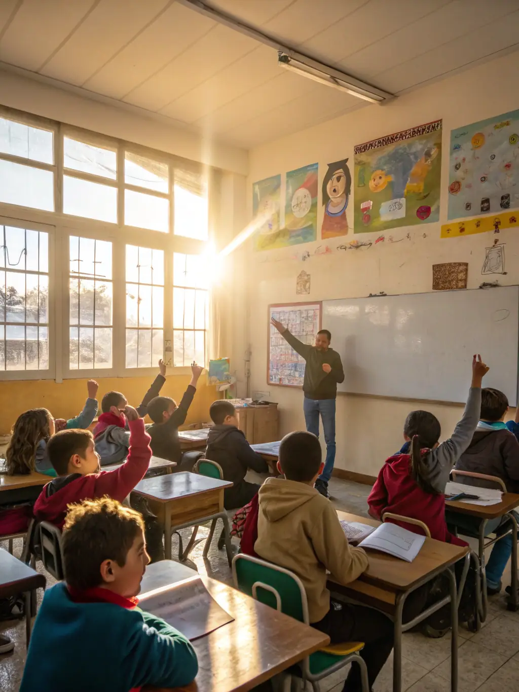 A group of students participating in an educational workshop focused on the life and legacy of George Pompidou, led by an experienced educator in a classroom setting.