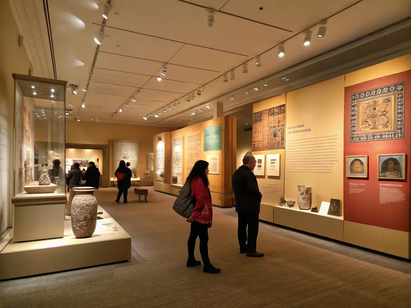 A photograph of an exhibition hall showcasing artifacts and displays related to George Pompidou's life and legacy, with visitors of all ages engaging with the exhibits.