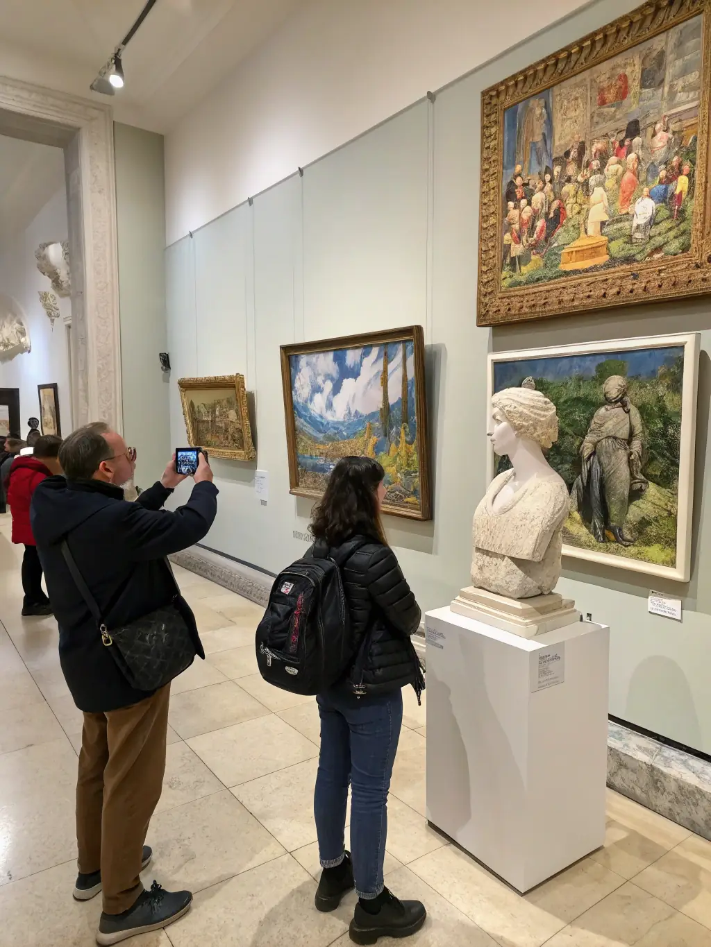 A photograph of a cultural heritage exhibition showcasing artifacts and documents related to George Pompidou and the Cantal region, displayed in a museum setting with visitors observing.