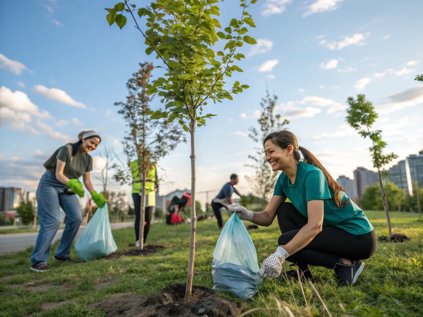 A group of volunteers participating in a community event, cleaning up a local park and planting trees, symbolizing community engagement and environmental stewardship.