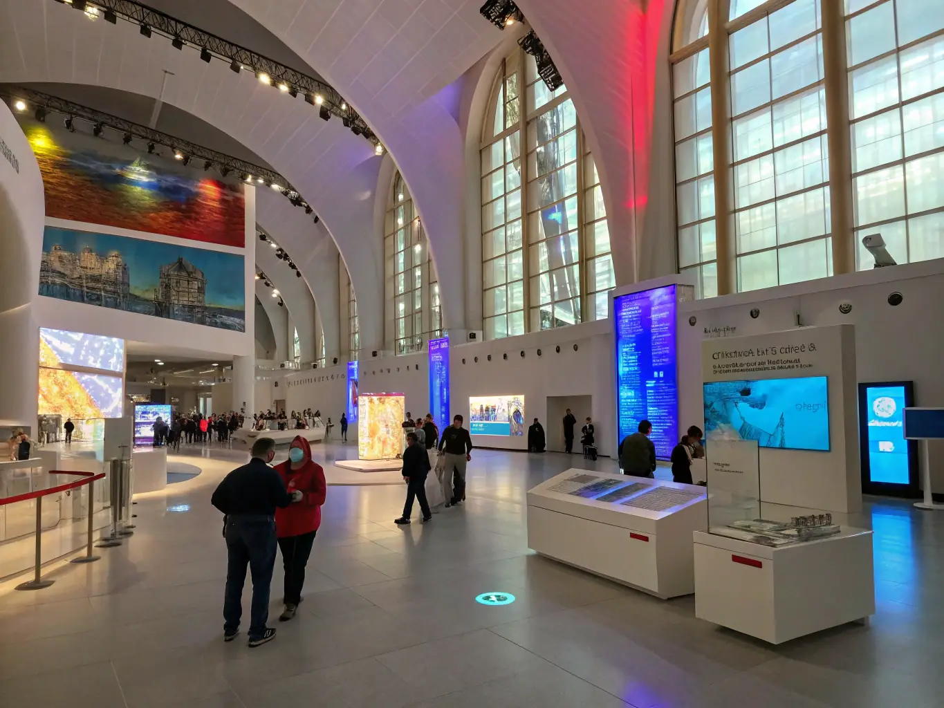 A vibrant exhibition hall filled with historical artifacts, photographs, and interactive displays highlighting regional history, capturing the essence of the Cultural Heritage Exhibitions.