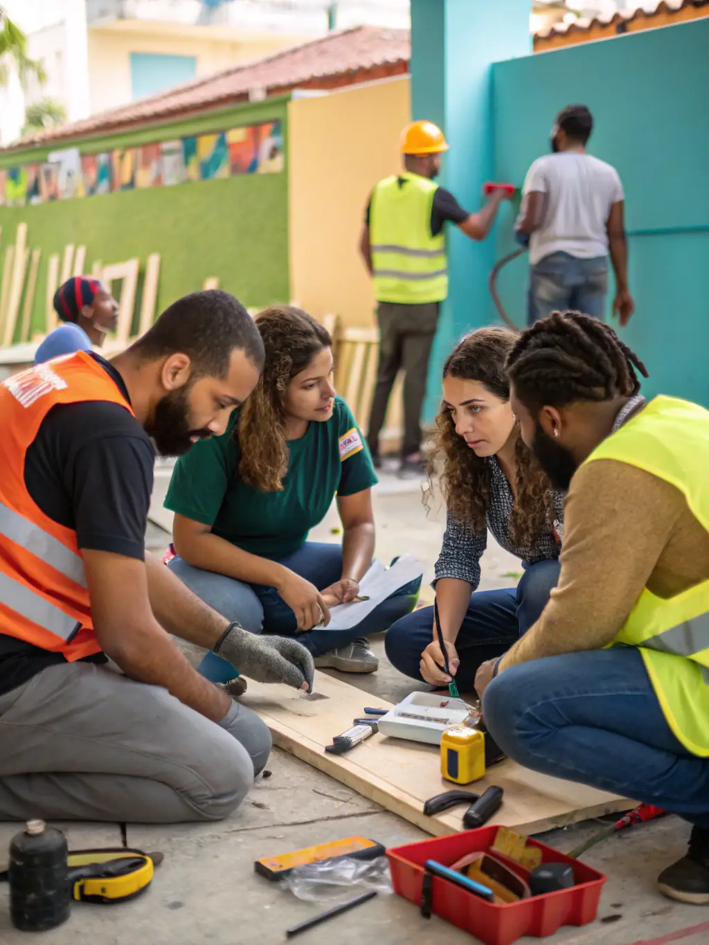 A photograph of volunteers working on a community project, such as restoring a historical site or organizing a local event, showcasing their dedication to preserving heritage.