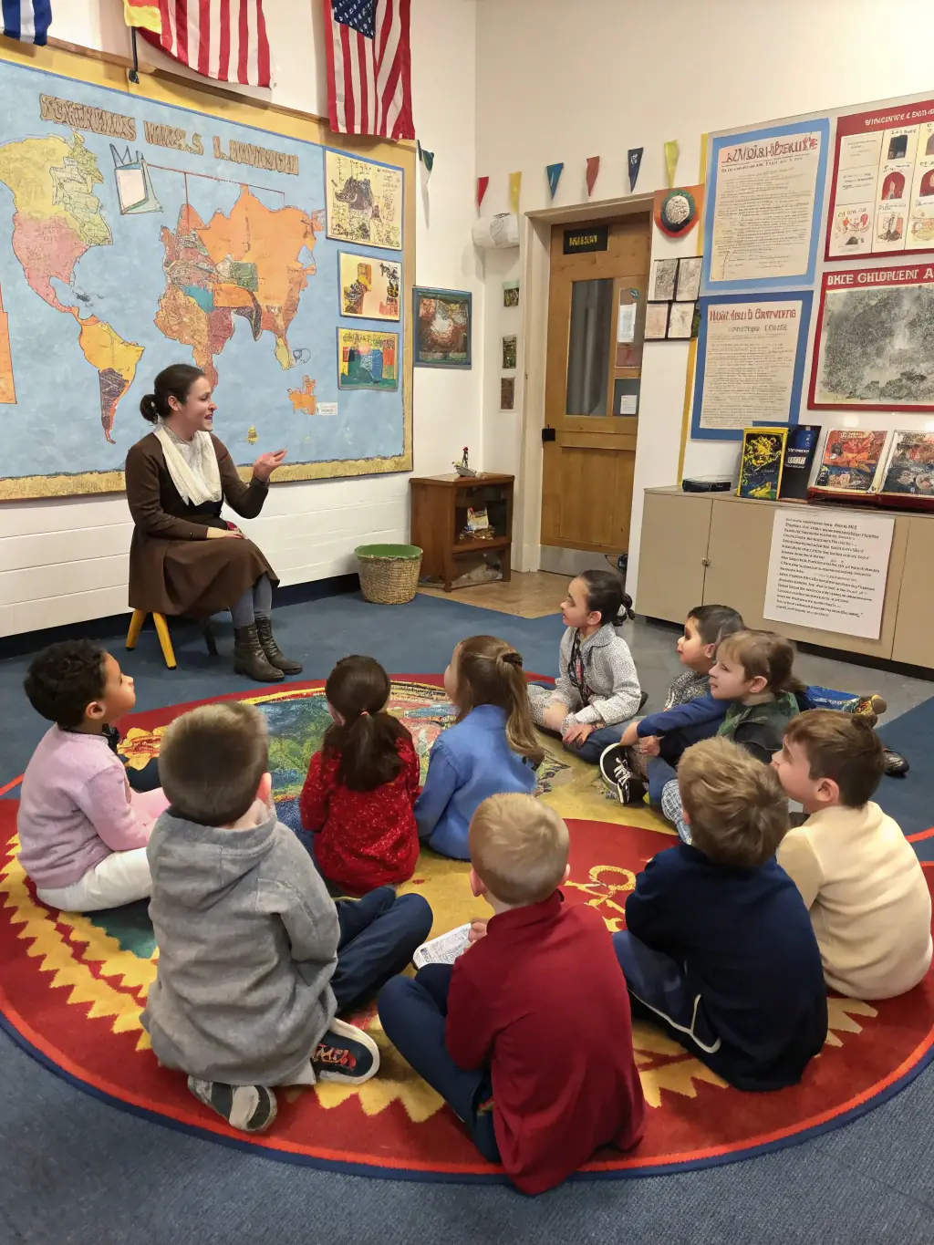 A photograph of a group of students participating in an educational workshop about local history, led by a historian.