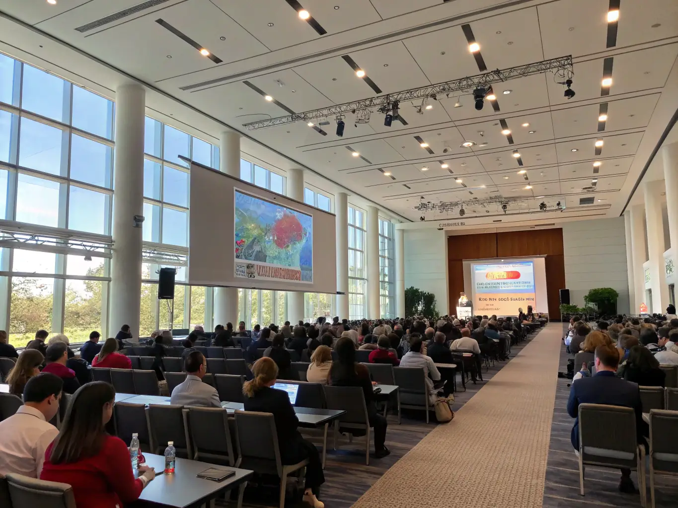 A photograph of a conference hall with attendees listening to a speaker during a conference on local history and culture.