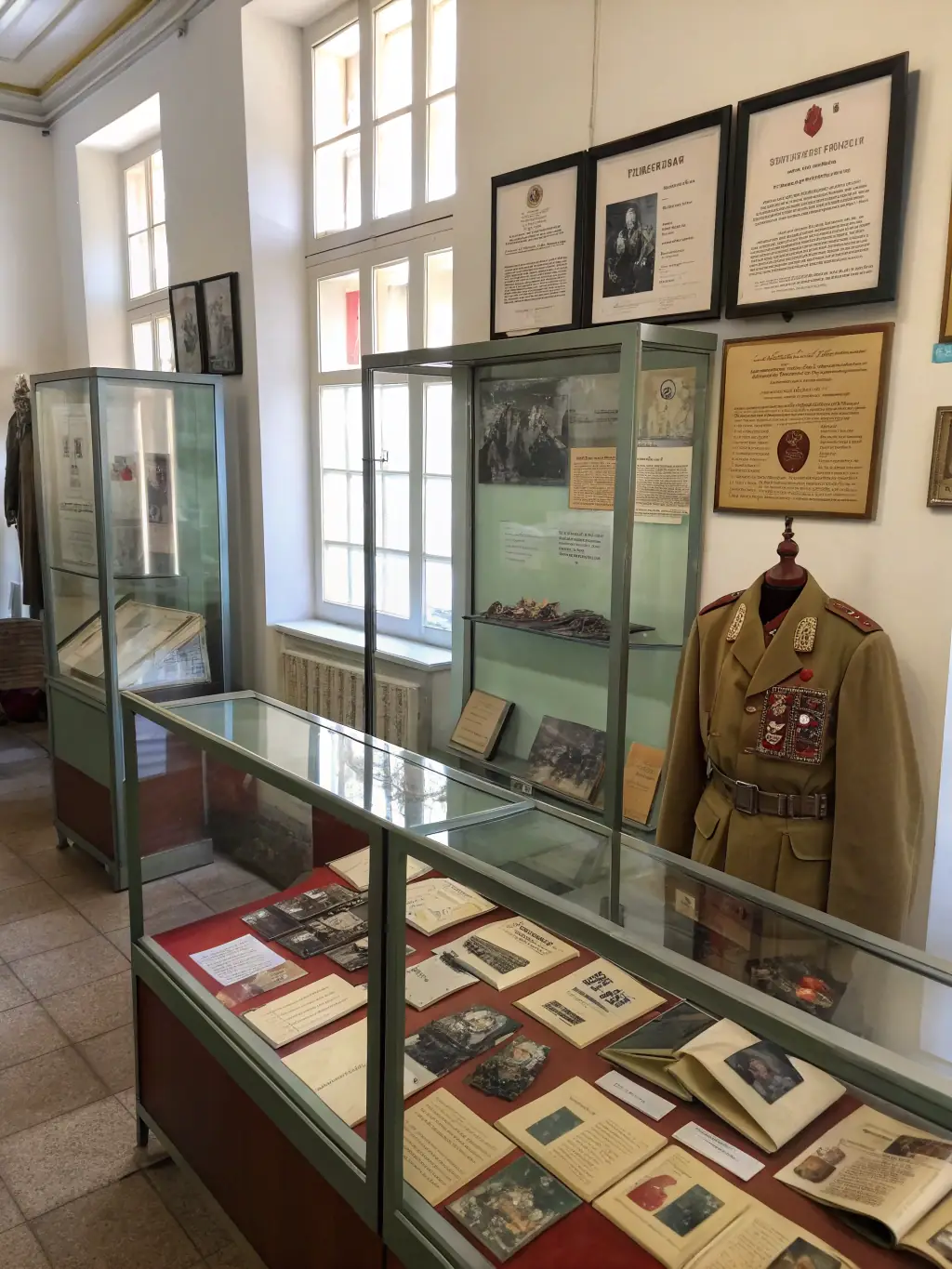A photograph of an exhibition showcasing historical artifacts related to George Pompidou and the Cantal region, displayed in a museum setting.