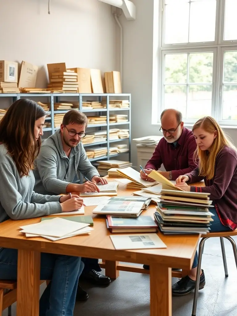 A photograph of volunteers working on a project to preserve historical documents or artifacts related to George Pompidou, showcasing the association's commitment to preservation.